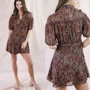 Free People Bonnie Floral Button-Front Puff Sleeve Mini Dress in Dusk Combo XS